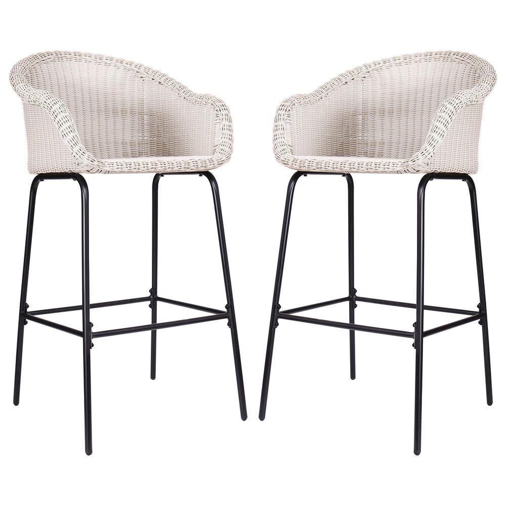 Hearth and Haven Ladd Outdoor Faux Wicker Barstool with Black Metal Frame in Light Gray (Set of 2), , large