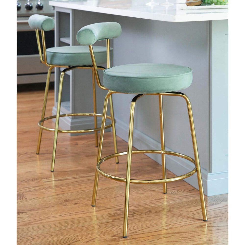 Lumisource Rhonda Swivel Counter Stool with Sage Green Velvet Cushion in Gold &#40;Set of 2&#41;, , large
