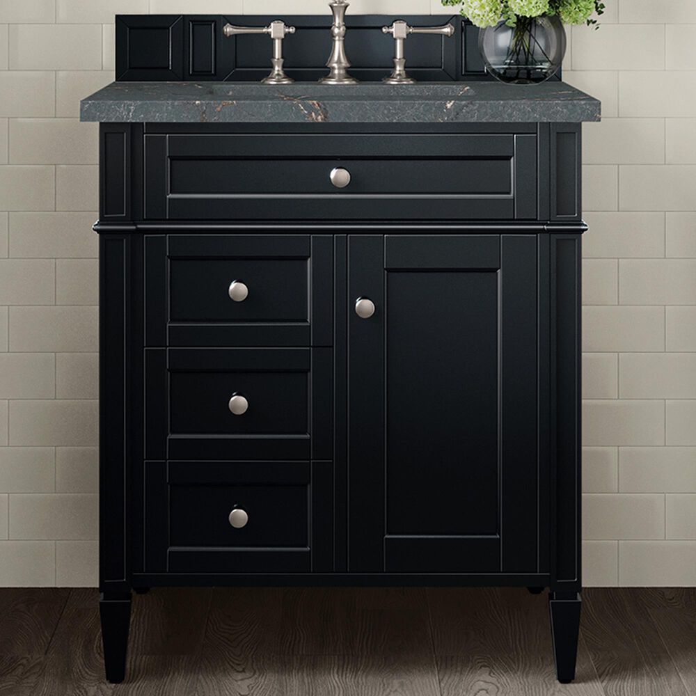 James Martin Vanities Brittany 30" Single Bathroom Vanity in Black Onyx with 3 cm Parisien Bleu Quartz Top and Rectangular Sink, , large