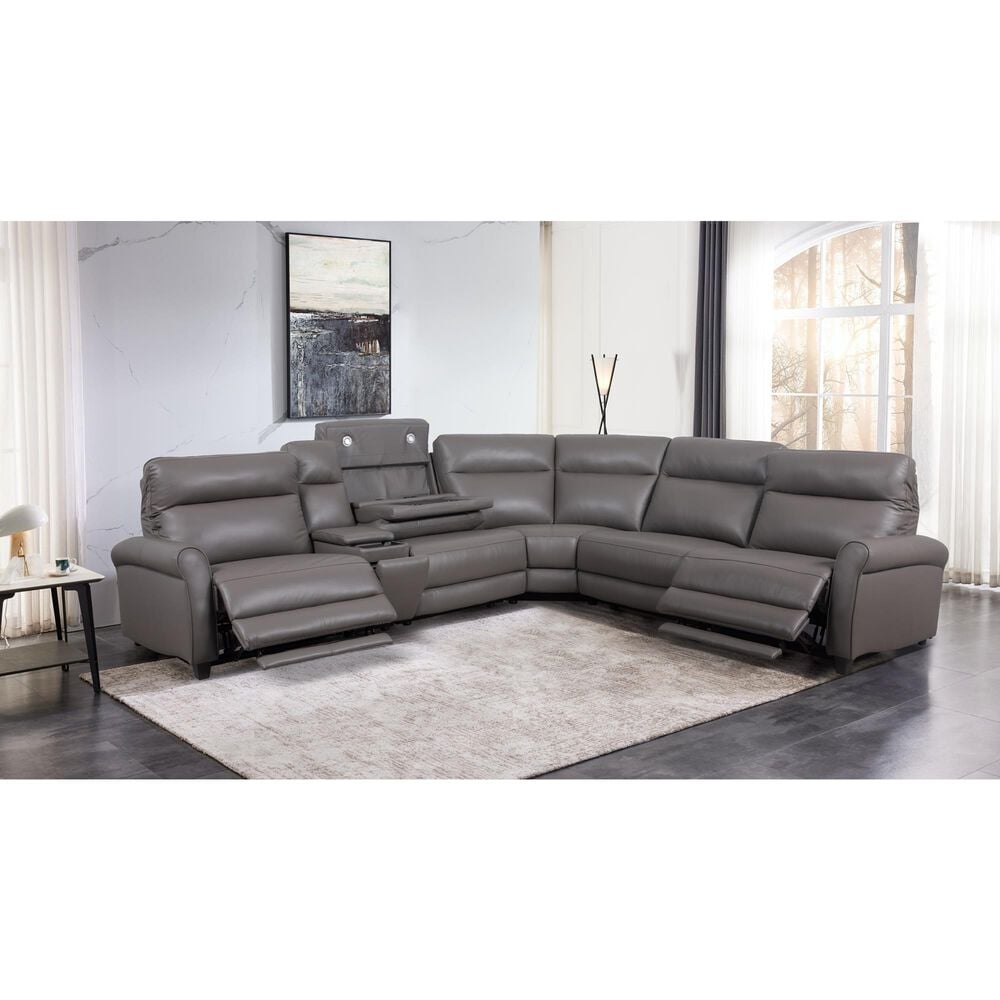 Oxford Furniture 6-Piece Leather Power Reclining Sectional in Gray, , large