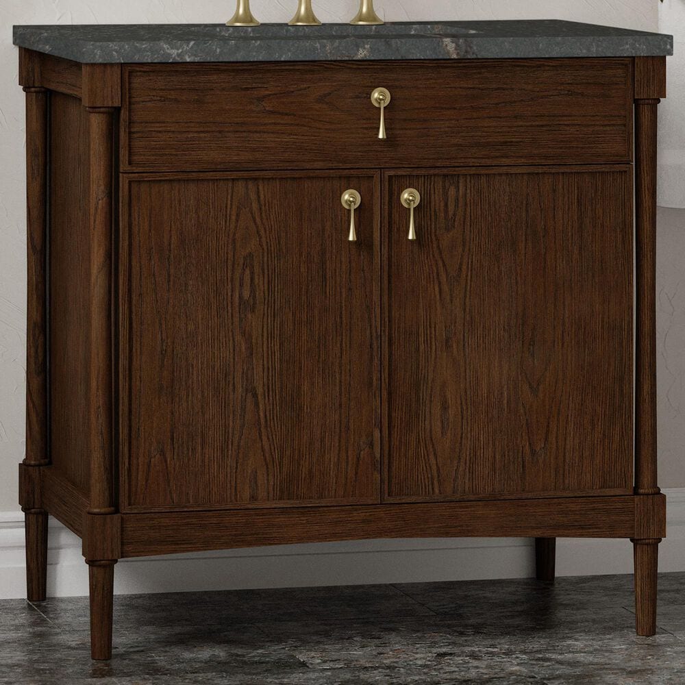 James Martin Kinnsden 36" Single Bathroom Vanity in Sable Oak with 3 cm Parisien Bleu Silestone Top and Rectangular Sink, , large