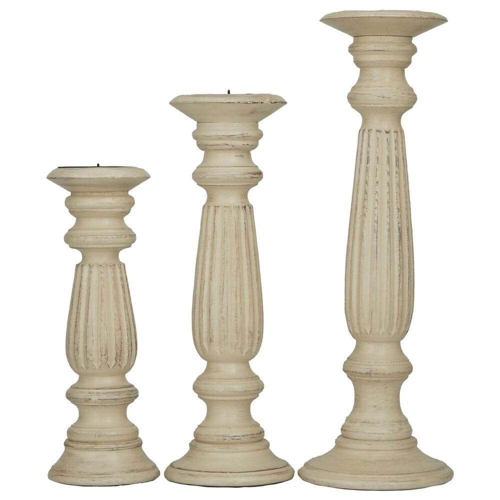 Maple and Jade 12&quot;, 15&quot;, 18&quot; Distressed Turned Pillar Decorative Candle Holder in Beige &#40;Set of 3&#41;, , large