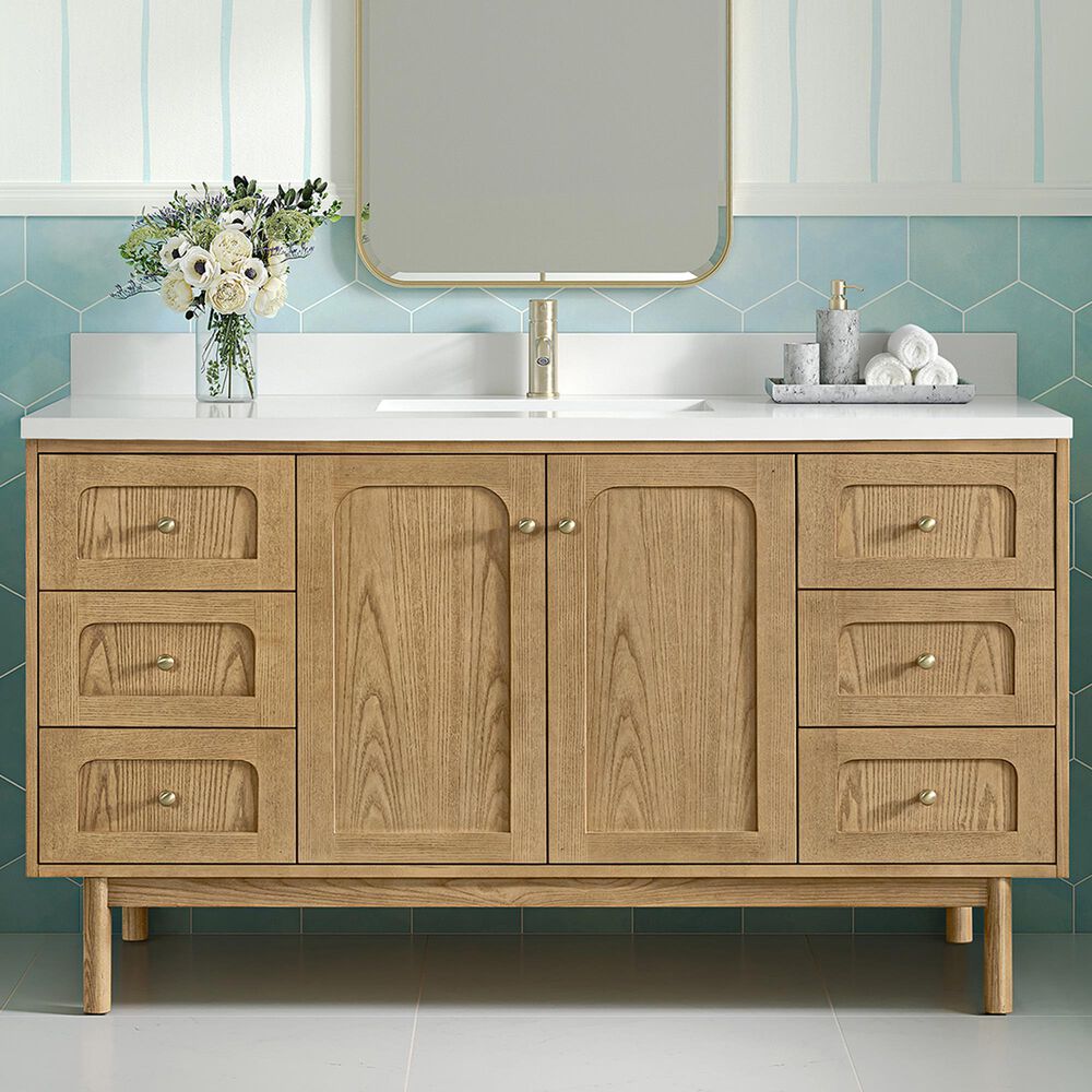 James Martin Vanities Laurent 60&quot; Single Bathroom Vanity in Light Natural Oak with Single Hole 3 cm White Zeus Quartz Top and Rectangular Sink, , large