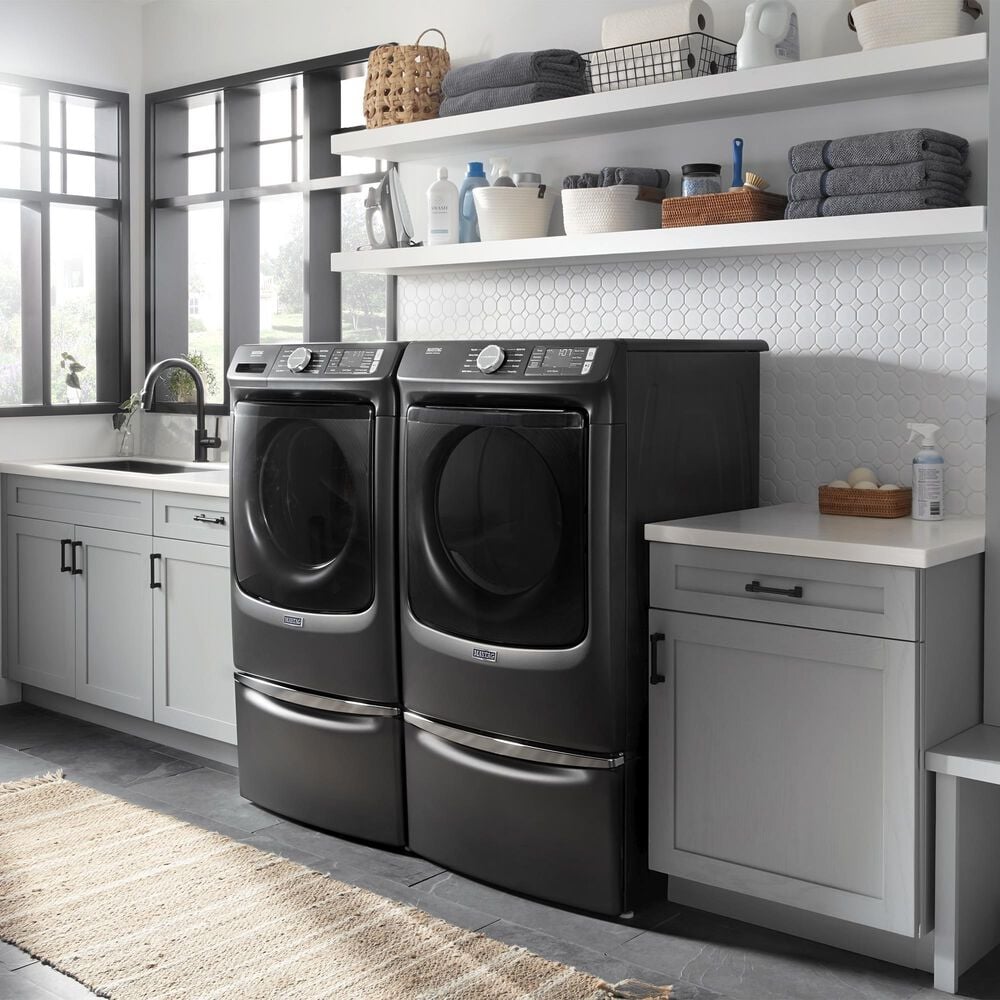 Maytag 4.5 Cu. Ft. Front Load Washer and 7.3 Cu.Ft. Gas Dryer Laundry Pair with Pedestal in Volcano Black, , large