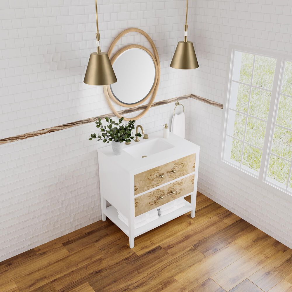 James Martin Vanities Olena 36&quot; Single Vanity in Light Mappa Burl and Polished White with 3 cm White Zeus Quartz Top, , large