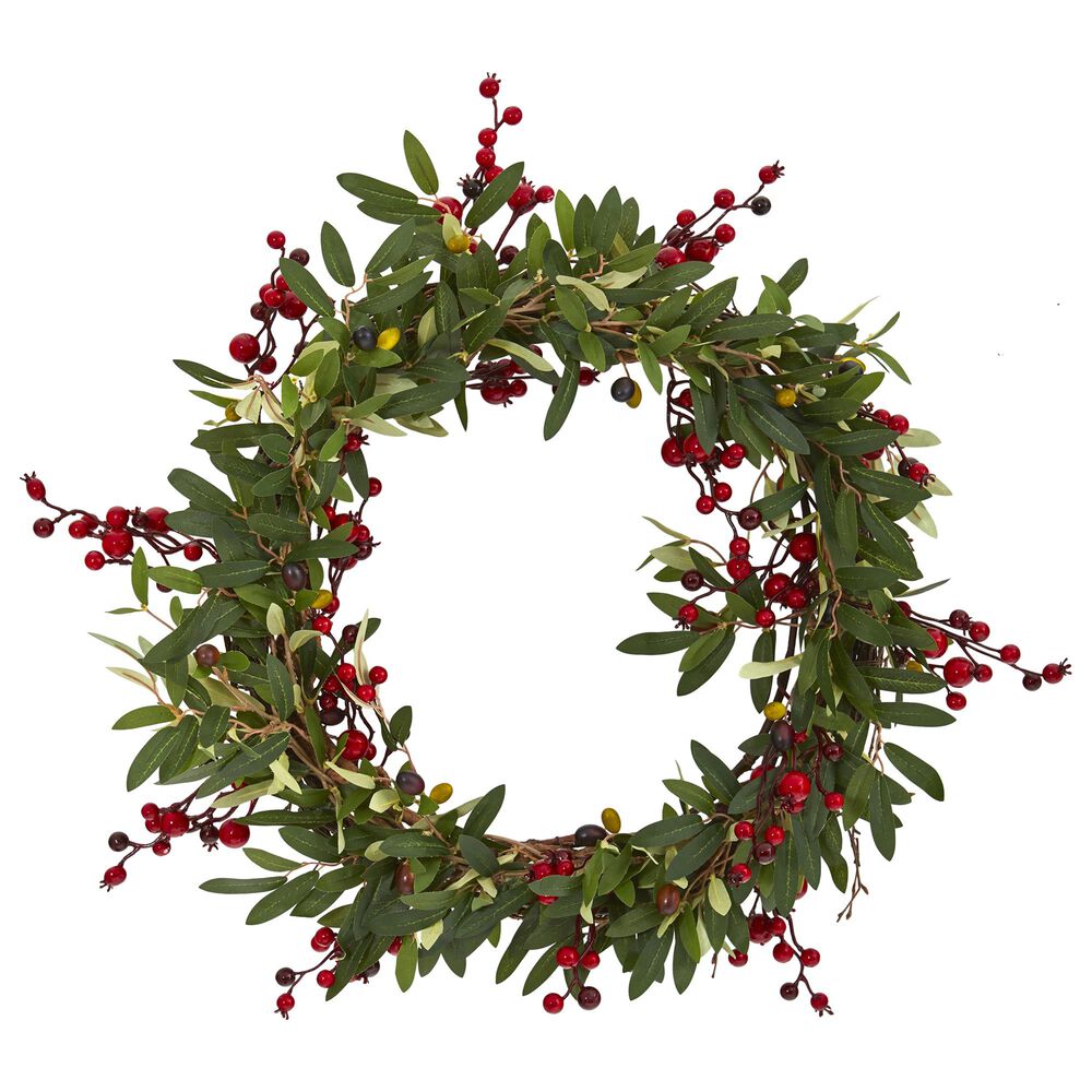 Nearly Natural Inc 20" Olive with Berries Artificial Wreath, , large