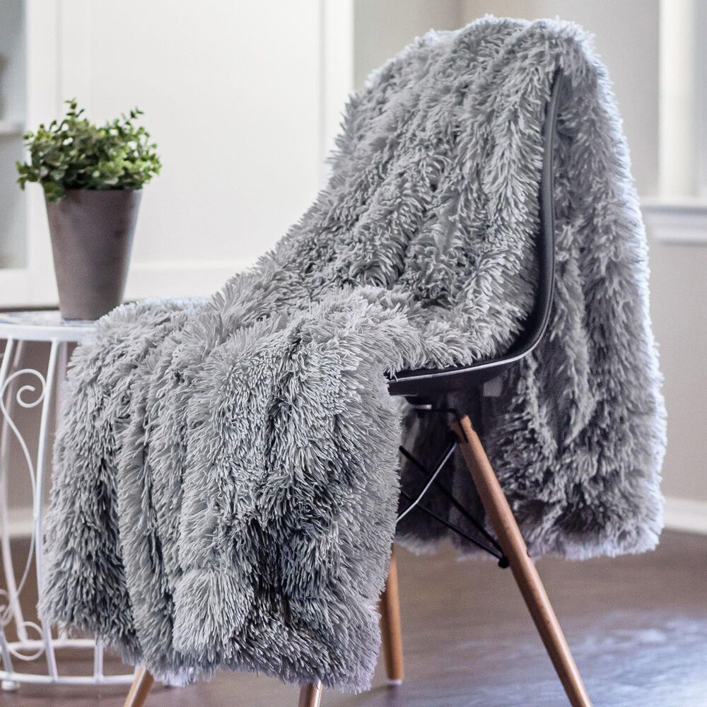 50&quot; x 65&quot; Faux Long Fur Throw Blanket in Gray, , large