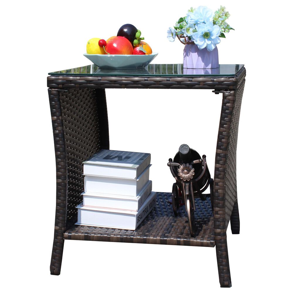 Hearth and Haven Wicker Patio Coffee Table with Clear Tempered Glass Top in Brown, , large