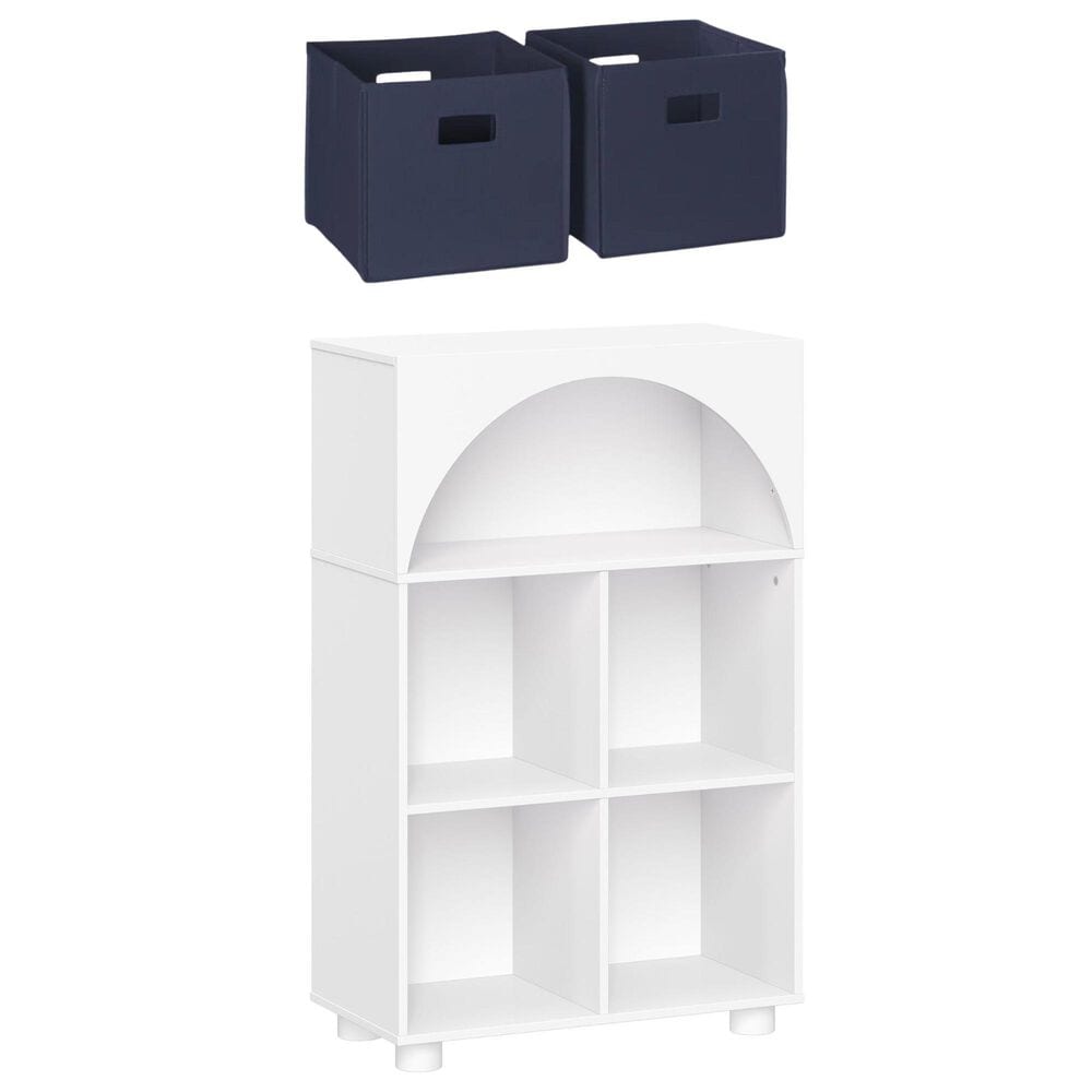 RiverRidge Home Kids Curve Appeal 23" 4-Cubby Bookcase with 2 Navy Bins in White, , large