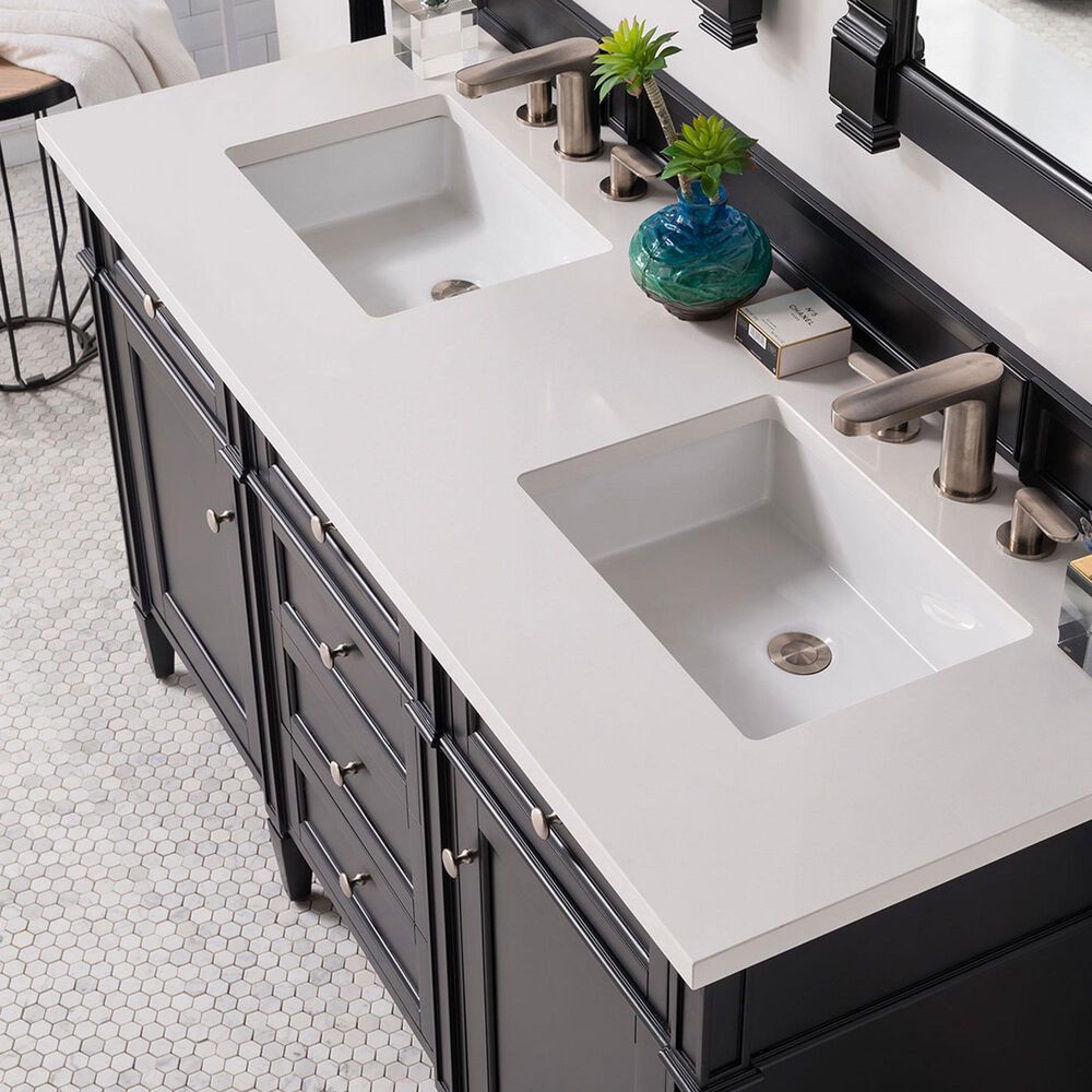 James Martin Vanities Brittany 60&quot; Double Bathroom Vanity in Black Onyx with 3 cm White Zeus Quartz Top and Rectangular Sinks, , large