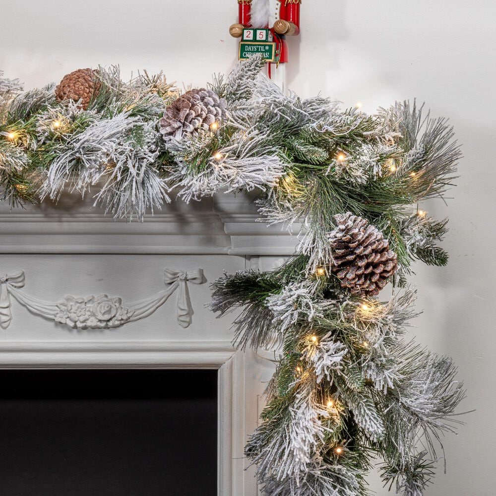 The Gerson Company 9&#39; Pre-Lit Artificial Garland with White LED Lights in Green, , large