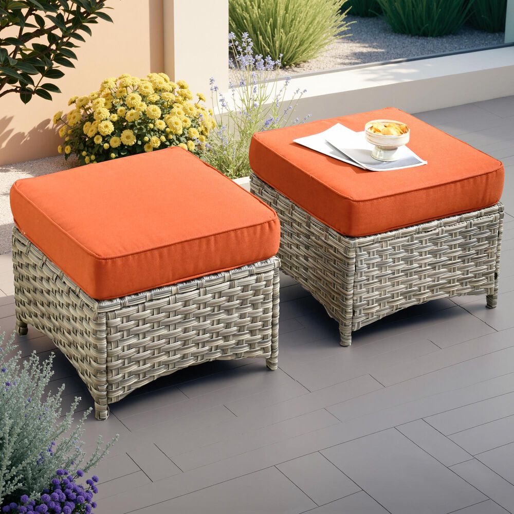 HOMLUX 2-Piece Outdoor Wicker Ottoman Set with Cushion in Coarse Textured Orange, , large