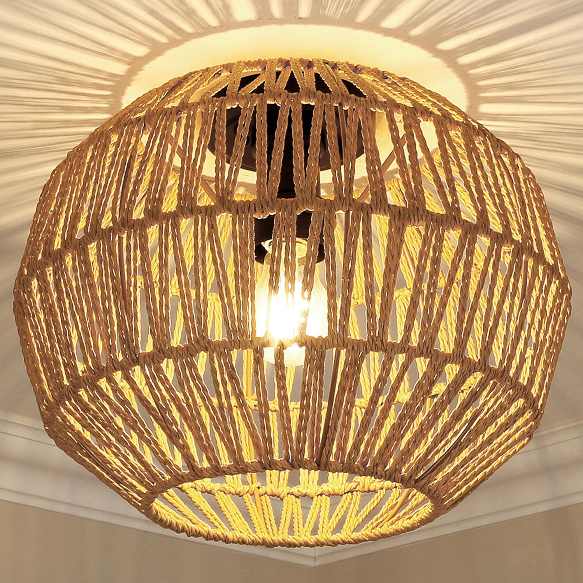 Golden Lighting Florence 1 Light Flush Mount with Natural Raphia Rope Shade in Matte Black NFM