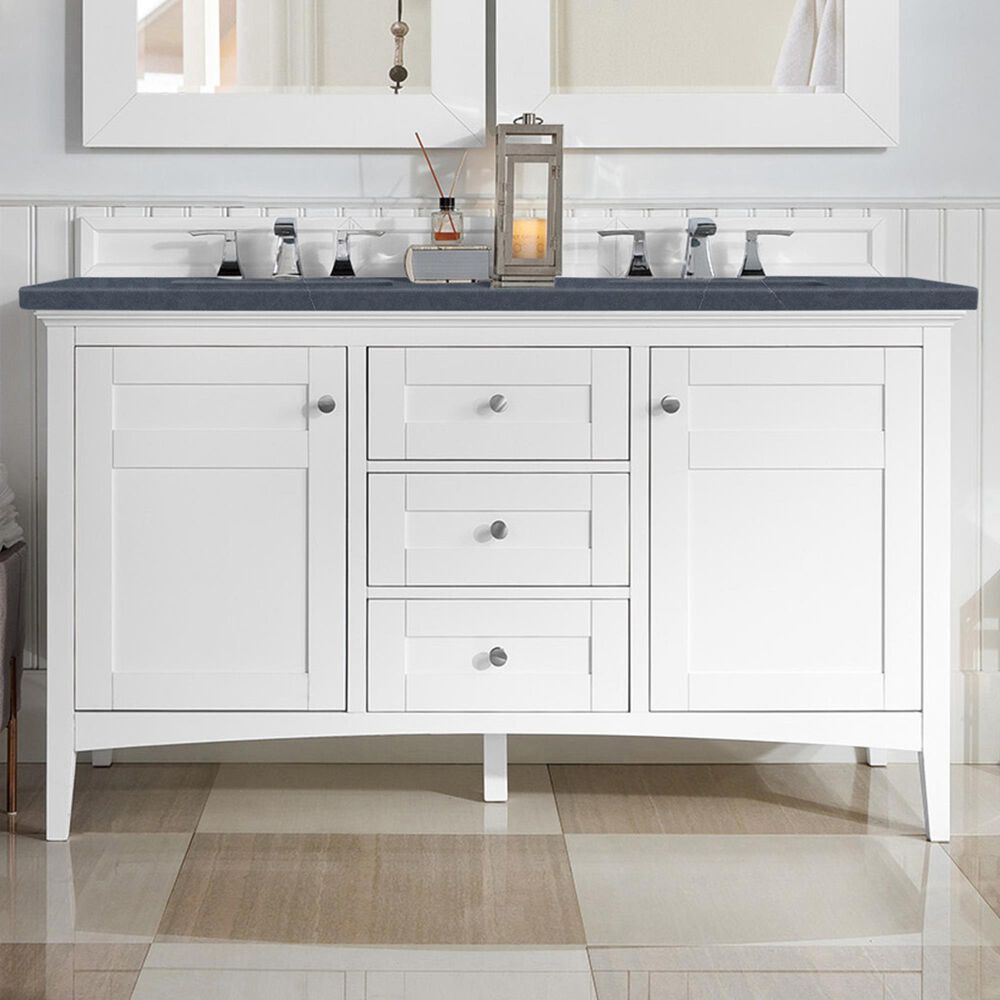 James Martin Vanities Palisades 60" Double Bathroom Vanity in Bright White with 3 cm Charcoal Soapstone Quartz Top and Rectangular Sinks, , large