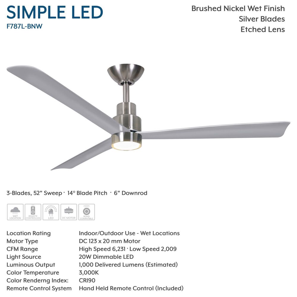Minka-Aire Simple 52" Indoor/Outdoor Ceiling Fan with LED Light in Brushed Nickel Wet, , large