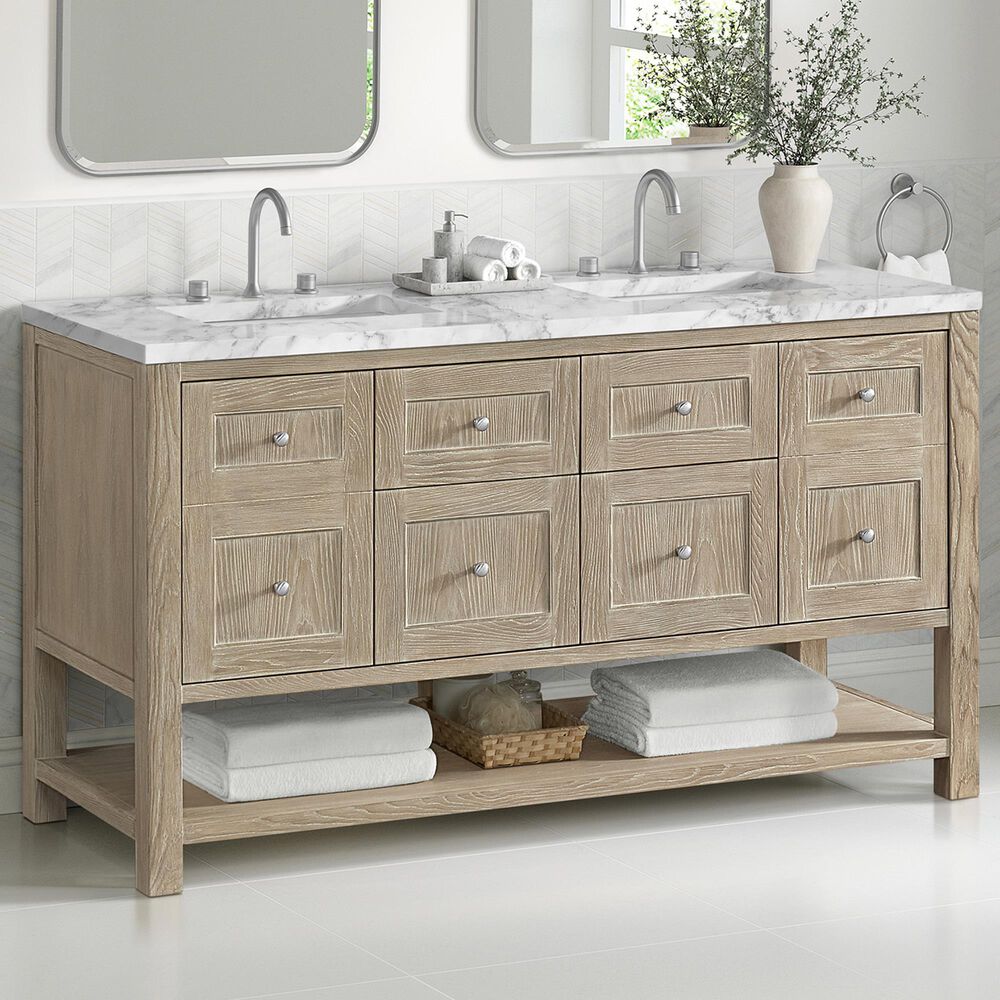 James Martin Vanities Breckenridge 60&quot; Double Bathroom Vanity in Whitewashed Oak with 3 cm Carrara White Marble Top and Rectangular Sinks, , large