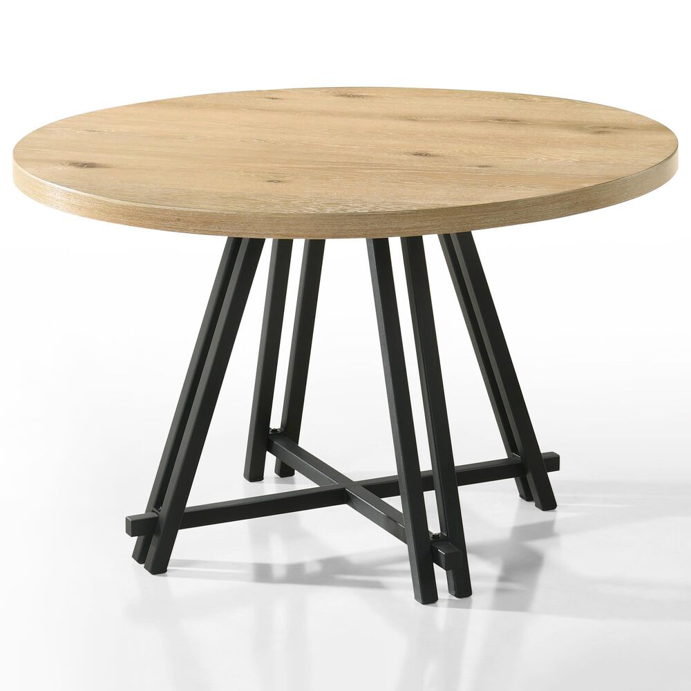 HOMLUX 47"W Round Oak Finish Dining Table with Metal Cross Base in Oak, , large