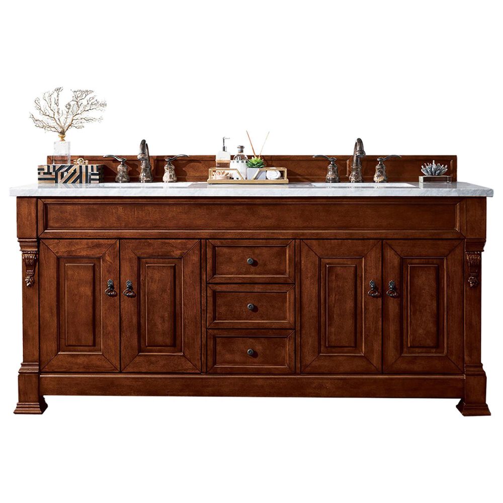James Martin Vanities Brookfield 72" Double Bathroom Vanity in Warm Cherry with 3 cm Carrara White Marble Top and Rectangle Sink, , large