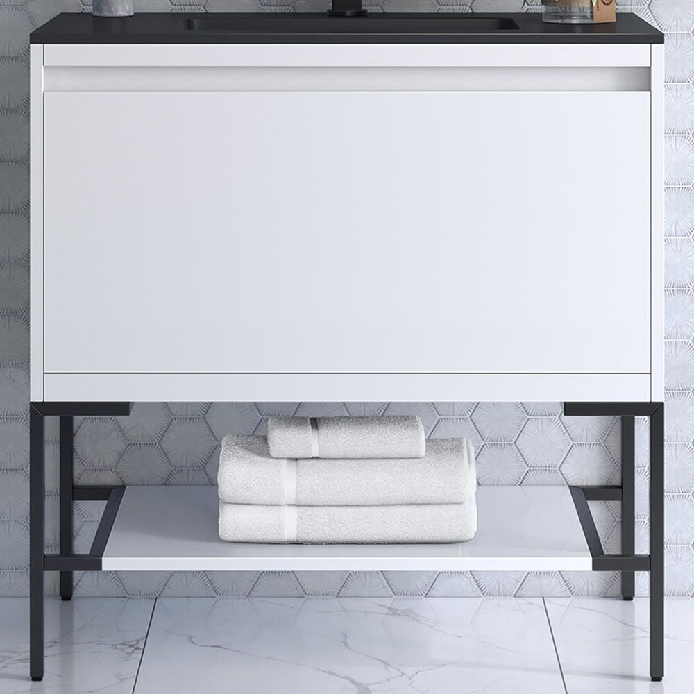 James Martin Mantova 35.4&quot; Single Bathroom Vanity in Glossy White and Matte Black with 2 cm Charcoal Black Resin Countertop and Rectangular Sink, , large