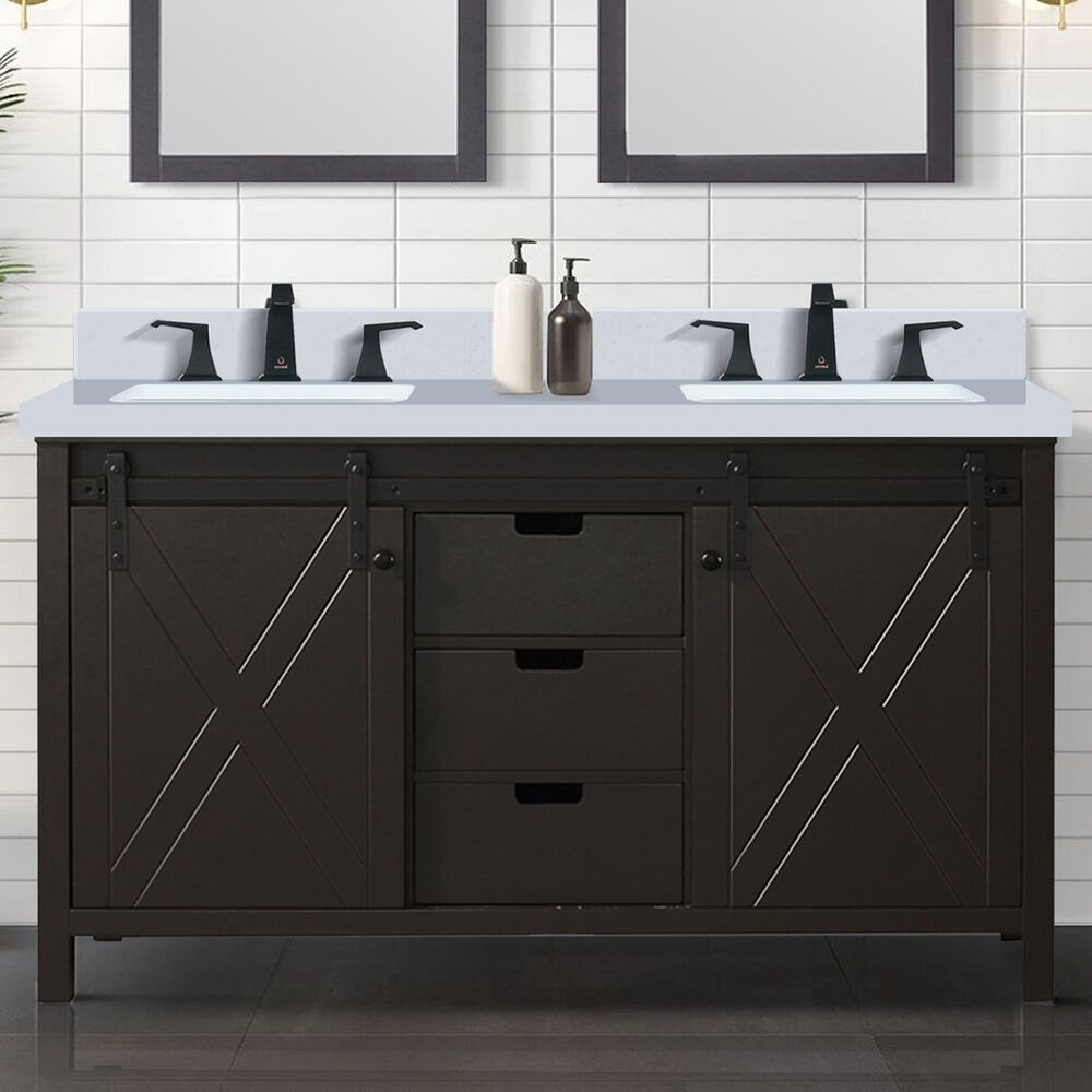 Lexora Home Marsyas 60&quot; Double Bathroom Vanity in Brown with 2 cm White Cultured Marble Top and Rectangular Sinks, , large