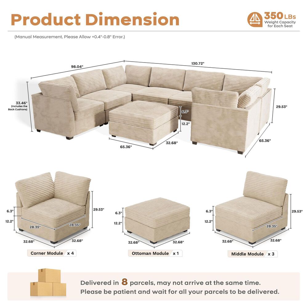 HOMLUX 8-Piece Mod U-Sectional with Chaise in Beige, , large