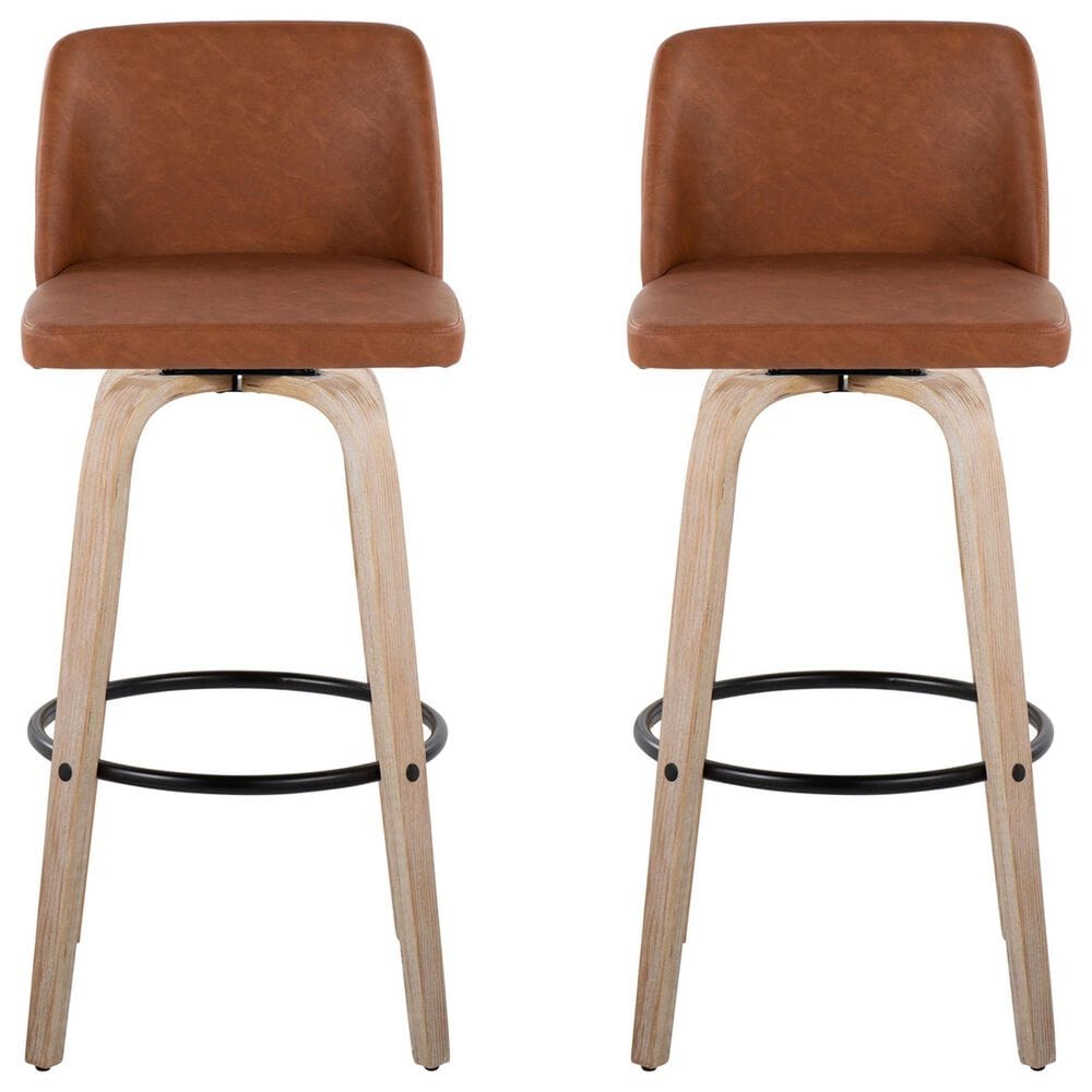 LumiSource Toriano Swivel Bar Stool with Camel Faux Leather Upholstery in Whitewashed and Black (Set of 2), , large