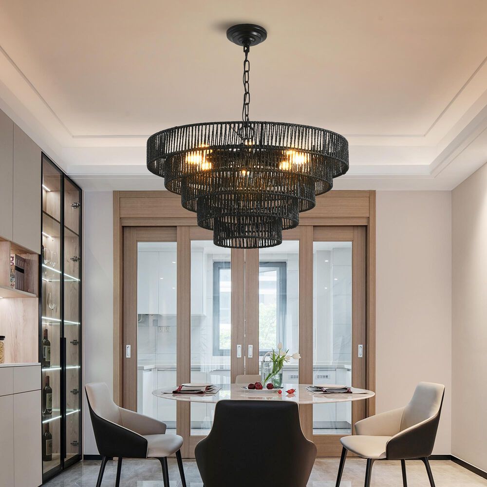 Hearth and Haven 8-Light 5-Layer Rattan Chandelier in Black, , large