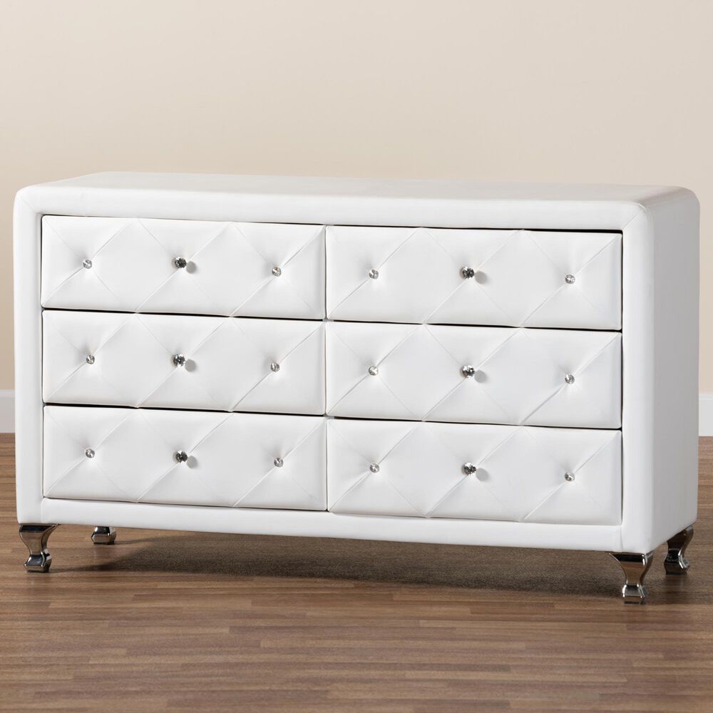 Baxton Studio Luminescence 6-Drawer Dresser with White Upholstered in Chrome, , large