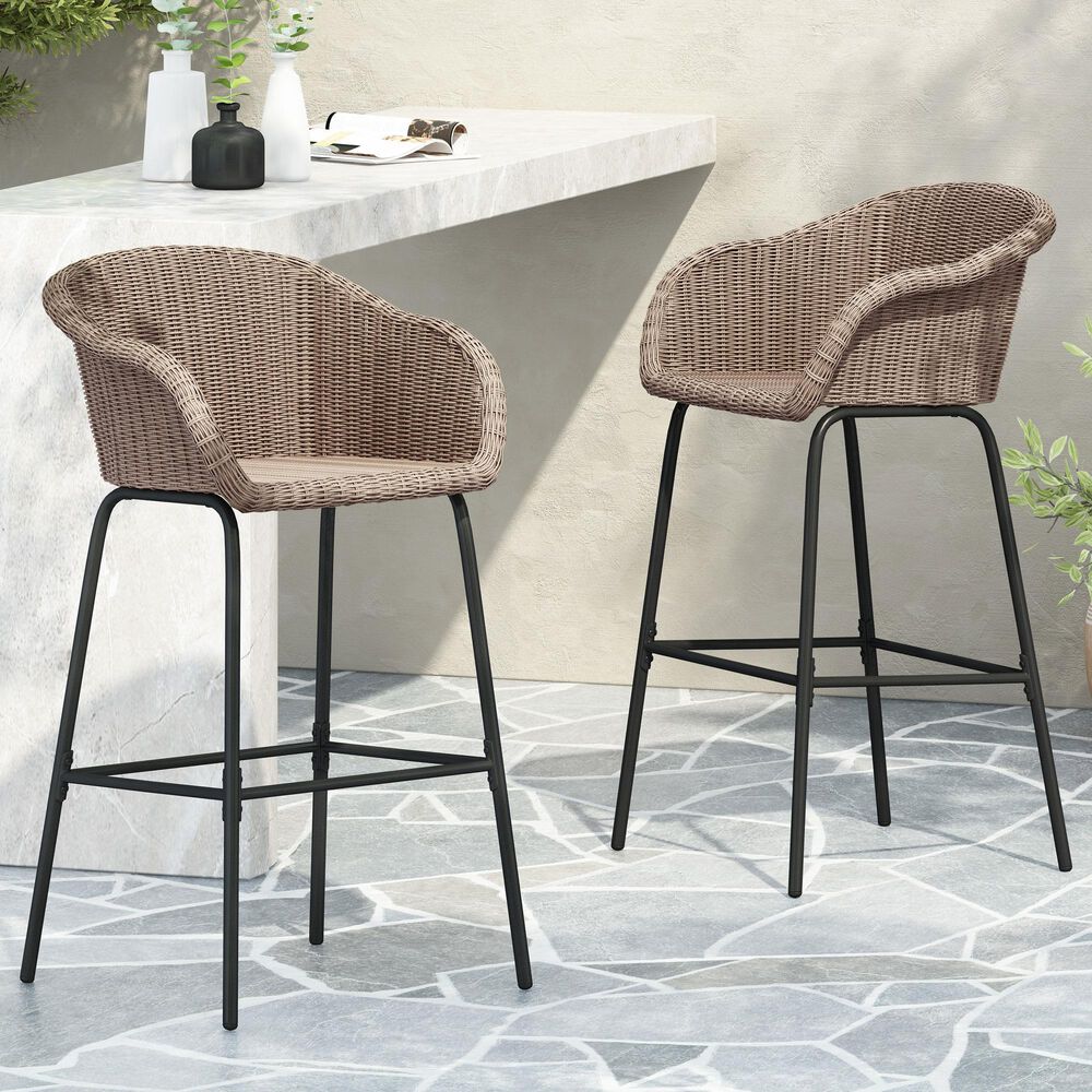 Hearth and Haven Ladd Outdoor Faux Wicker Barstool with Black Metal Frame in Light Brown (Set of 2), , large