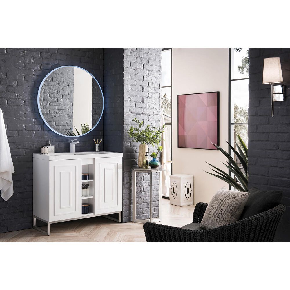 James Martin Vanities Alicante 39.5&quot; Single Bathroom Vanity in Glossy White and Brushed Nickel with 5 cm White Glossy Resin Top and Rectangular Sink, , large