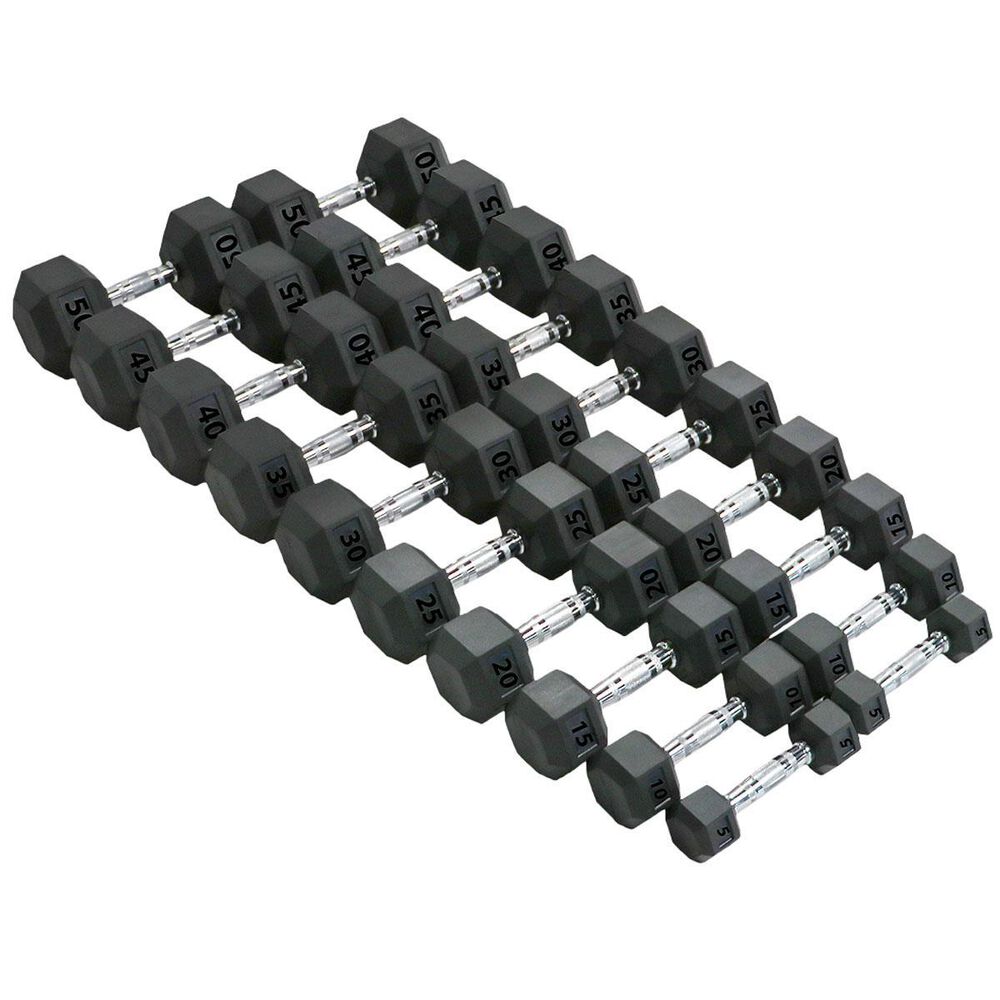 Apollo Athletics 5 - 50 lb  Hex Rubber Dumbbell w/ Chrome (Set), , large