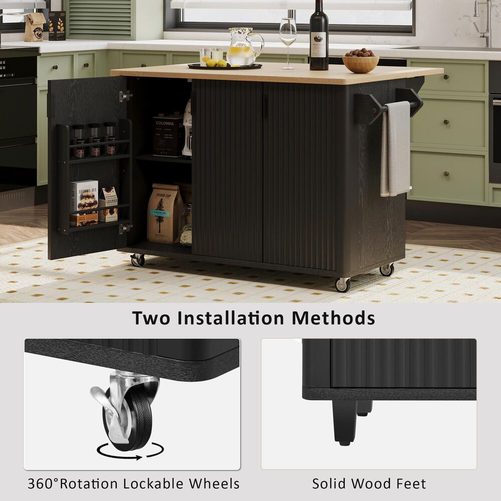 HOMLUX 51" Fluted Kitchen Island with Drop Leaf in Black Ash, , large