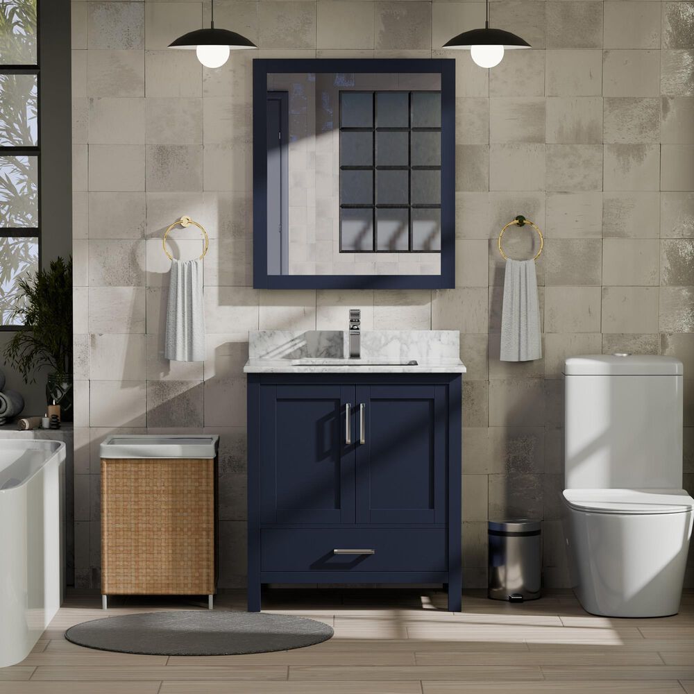 Lexora Home Jacques 30&quot; Single Bathroom Vanity in Navy Blue with 2 cm White Carrara Marble Top and Rectangular Sink, , large