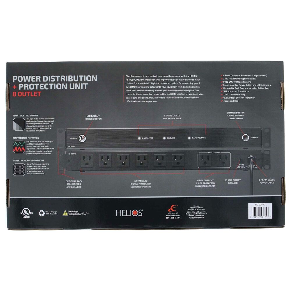 Helios 8-Outlet Rack Mountable Surge Protector in Black, , large