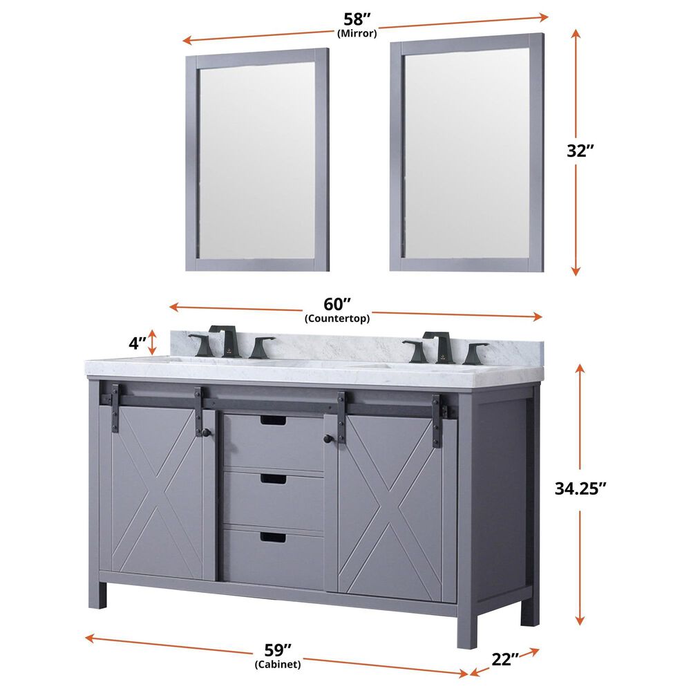 Lexora Home Marsyas 60&quot; Double Bathroom Vanity in White with Grey Quartz Top and Rectangular Sinks, , large