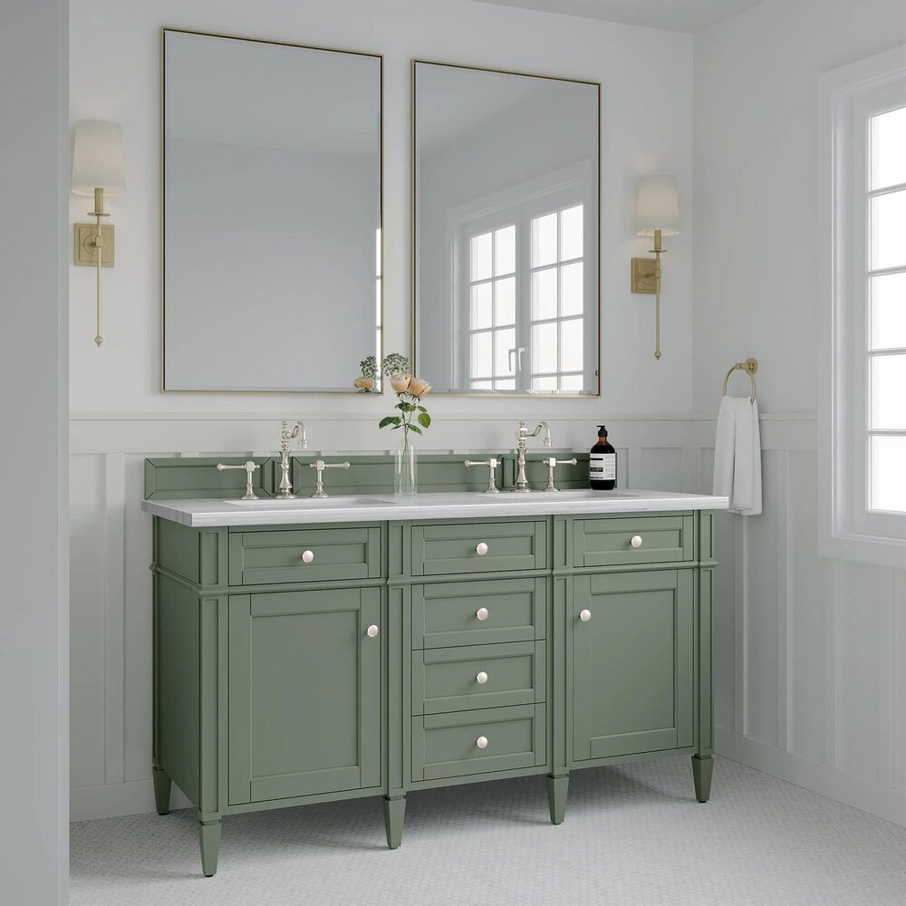 James Martin Vanities Brittany 60&quot; Double Bathroom Vanity in Smokey Celadon with 3 cm Arctic Fall Solid Surface Top and Rectangular Sinks, , large