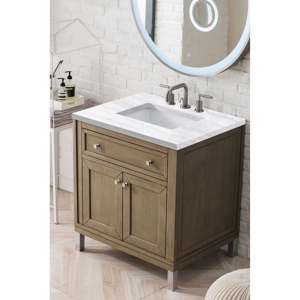 James Martin Vanities Chicago 30&quot; Single Bathroom Vanity in Whitewashed Walnut with 3 cm Arctic Fall Solid Surface Top and Rectangular Sink, , large