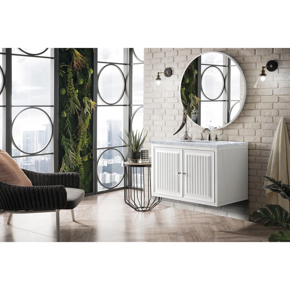 James Martin Vanities Athens 36&quot; Single Bathroom Vanity in Glossy White with 3 cm Carrara White Marble Top and Rectangular Sink, , large