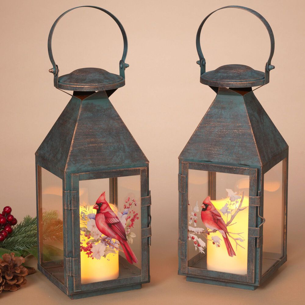 The Gerson Company 12.3&quot;H Metal and Glass Cardinal Design Lantern with LED Candle and Timer in Brown &#40;Set of 2&#41;, , large