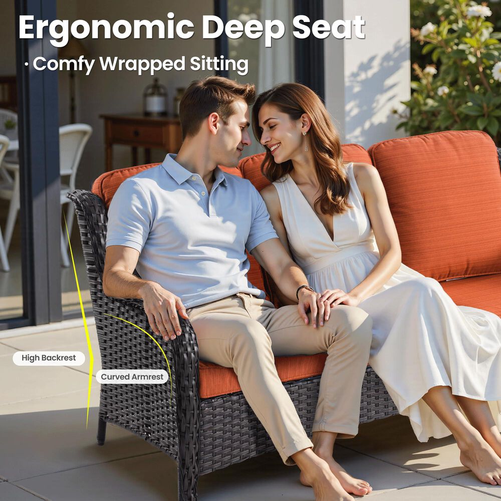 HOMLUX 7-Piece Patio Set with 42 Inch Fire Pit Table, Outdoor Wicker Sofa and Swivel Rocking Chairs, Brown Rattan in Orange Red, , large