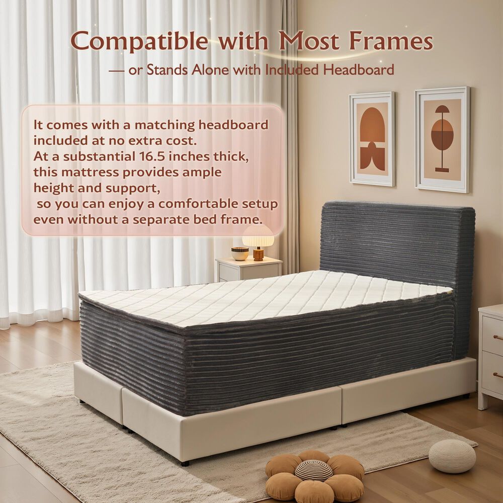 HOMLUX Plush Full Mattress with Grey Headboard, , large