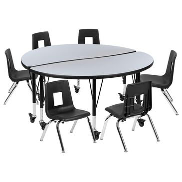 Flash Furniture Emmy Mobile 8-Piece 47.5" Circle Wave Activity Table Set with 14" Student Stack Chairs in Gray, Black and Chrome, , large