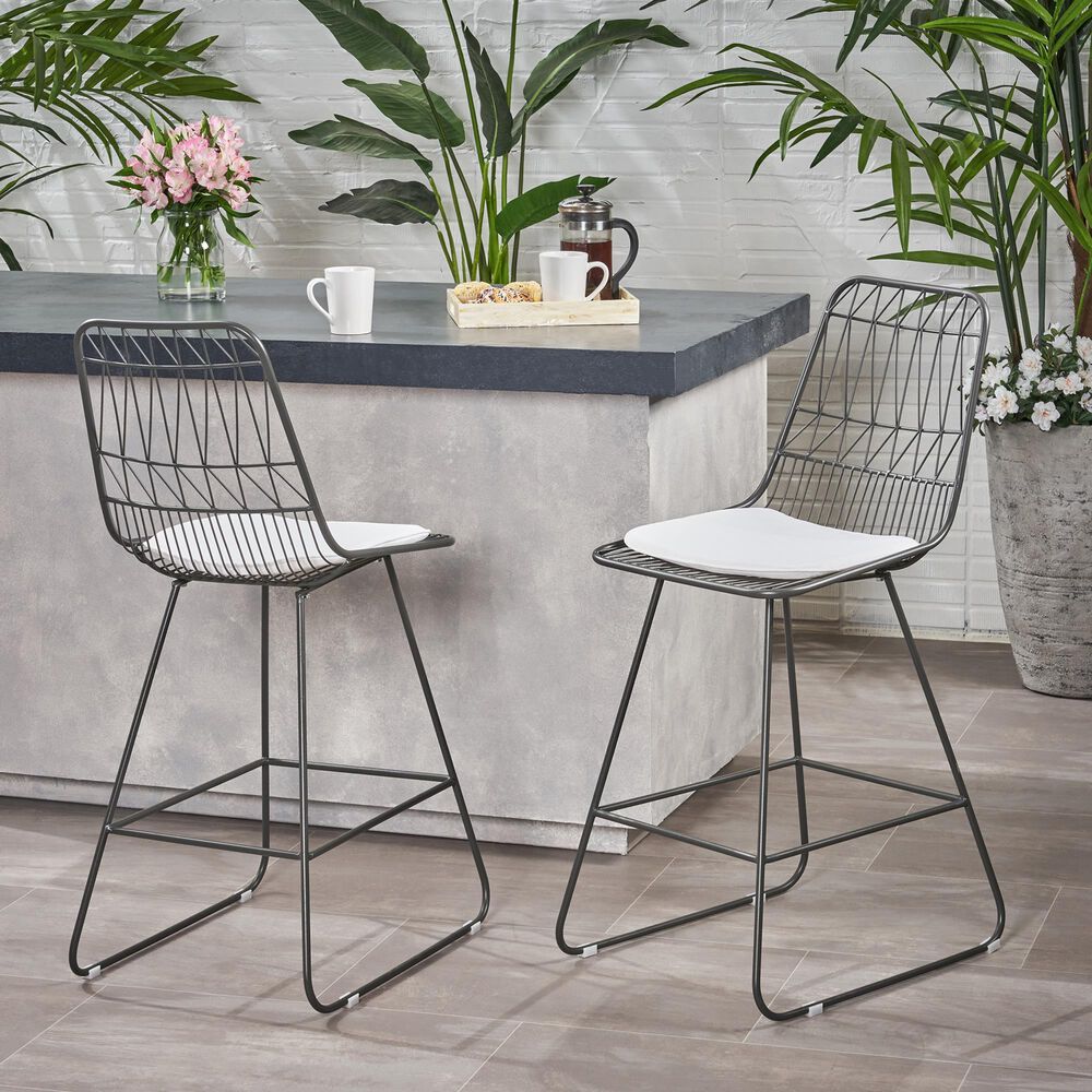 Hearth and Haven Niez Outdoor Counter Stool with Ivory Cushion in Gray &#40;Set of 2&#41;, , large