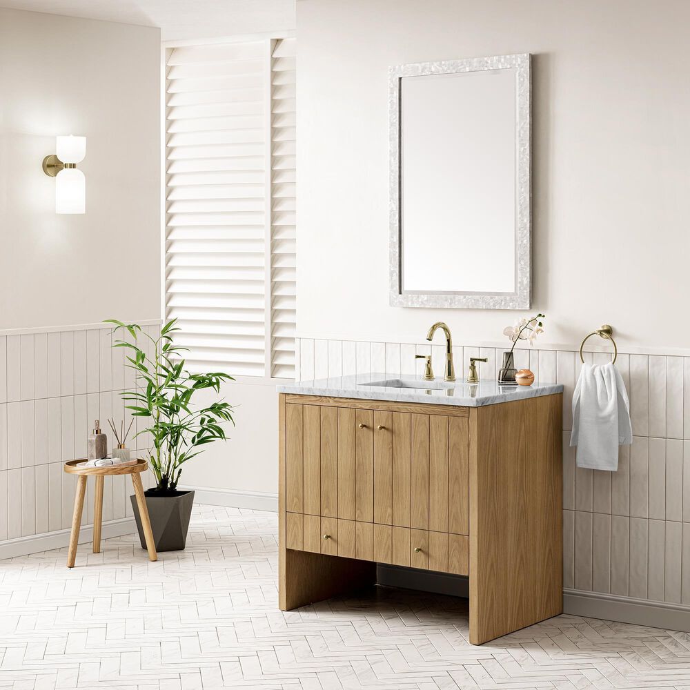 James Martin Vanities Hudson 36&quot; Single Bathroom Vanity in Light Natural Oak with 3 cm Arctic Fall Solid Surface Top and Rectangular Sink, , large