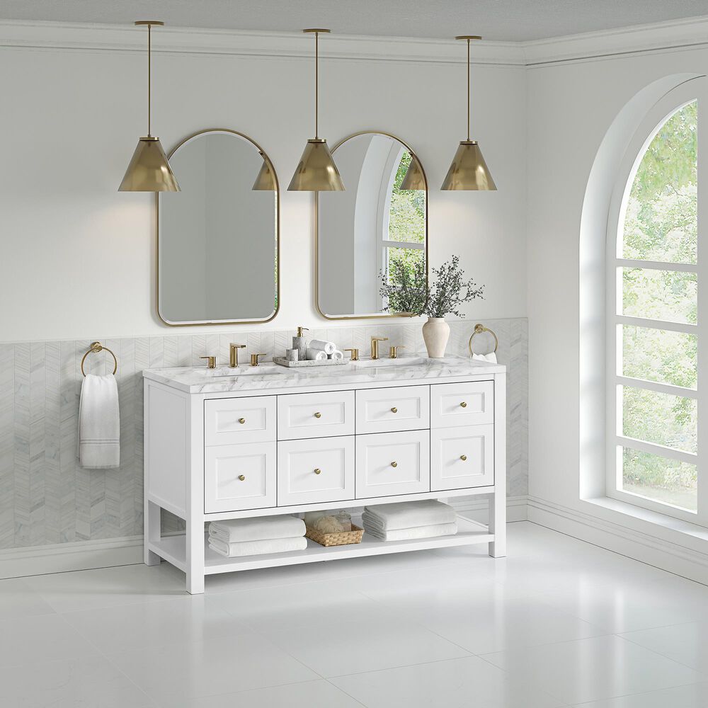 James Martin Vanities Breckenridge 60&quot; Double Bathroom Vanity in Bright White with 3 cm Carrara White Marble Top and Rectangular Sinks, , large