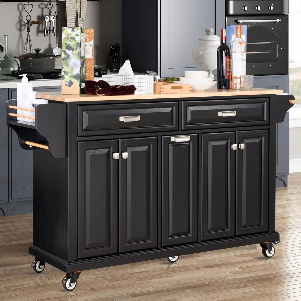 HOMLUX Kitchen Island with Rubber wood Countertop in Black, , large