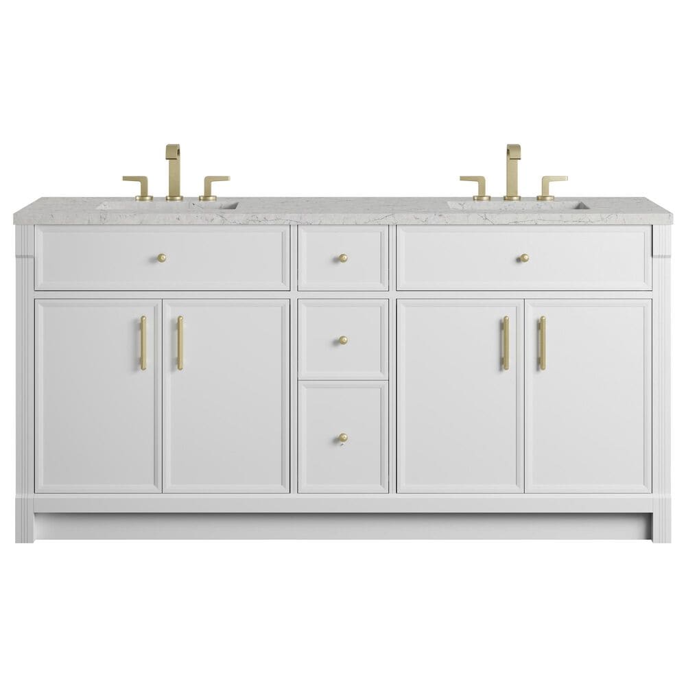 James Martin Bellshire 72" Double Bathroom Vanity in Bright White with 3 cm Eternal Jasmine Pearl Silestone Top and Rectangular Sinks, , large