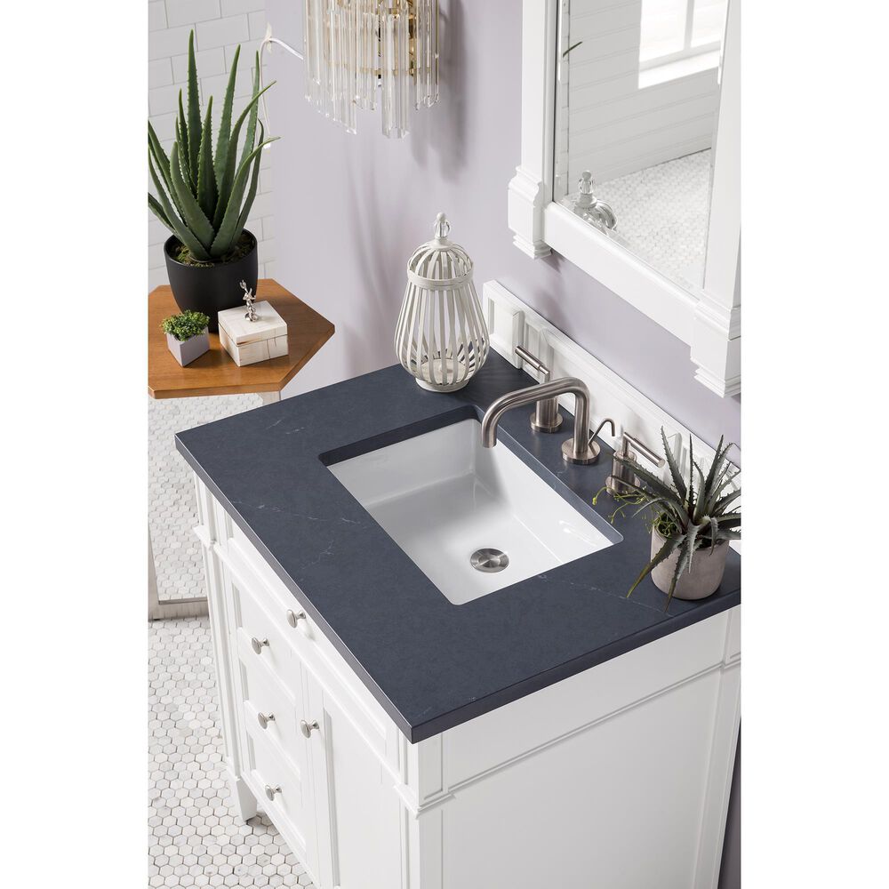 James Martin Vanities Brittany 30&quot; Single Bathroom Vanity in Bright White with 3 cm Charcoal Soapstone Quartz Top and Rectangle Sink, , large