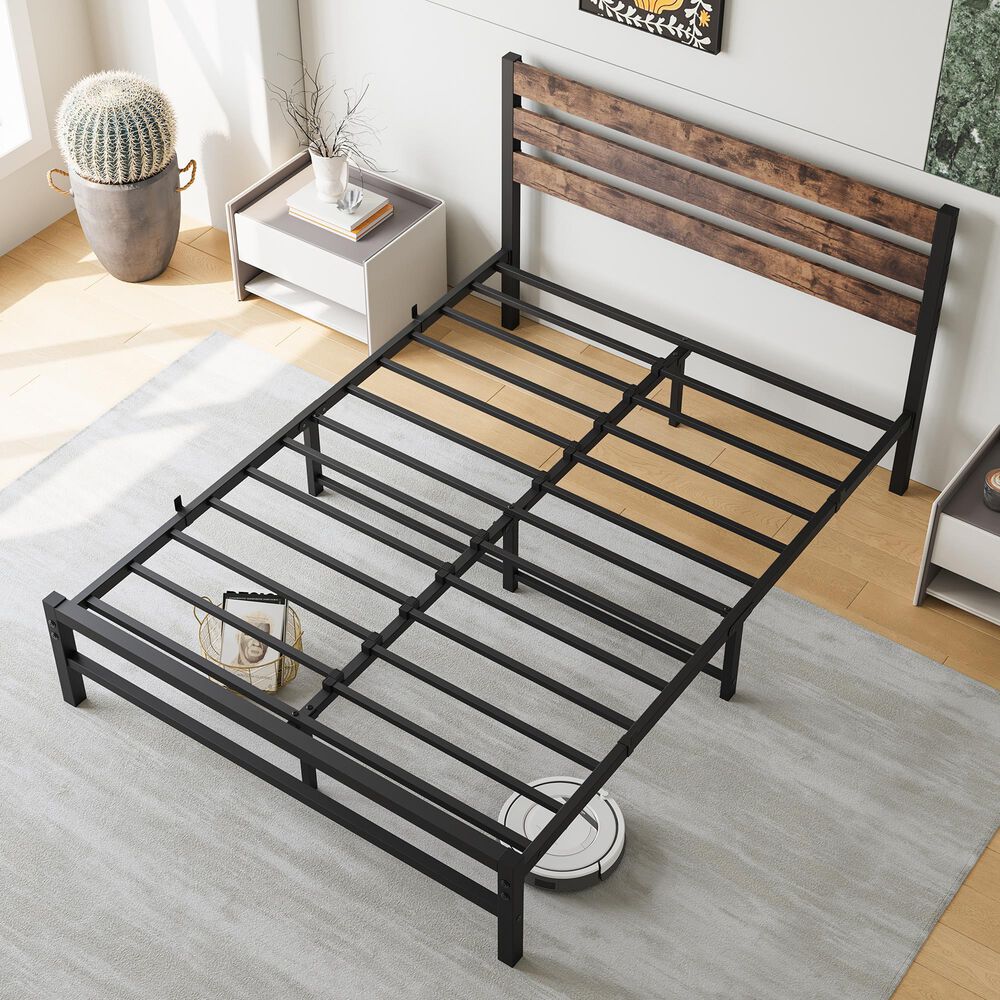 Hearth and Haven Full Platform Bed with Slat Wood Headboard in Black and Rustic Brown, , large