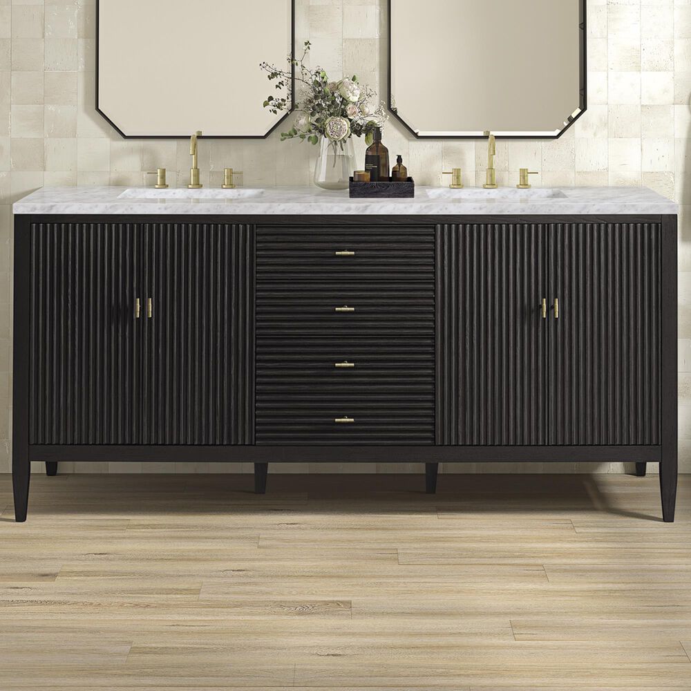 James Martin Vanities Myrrin 72&quot; Double Vanity in Carbon Oak with 3 cm Carrara White Marble Top, , large